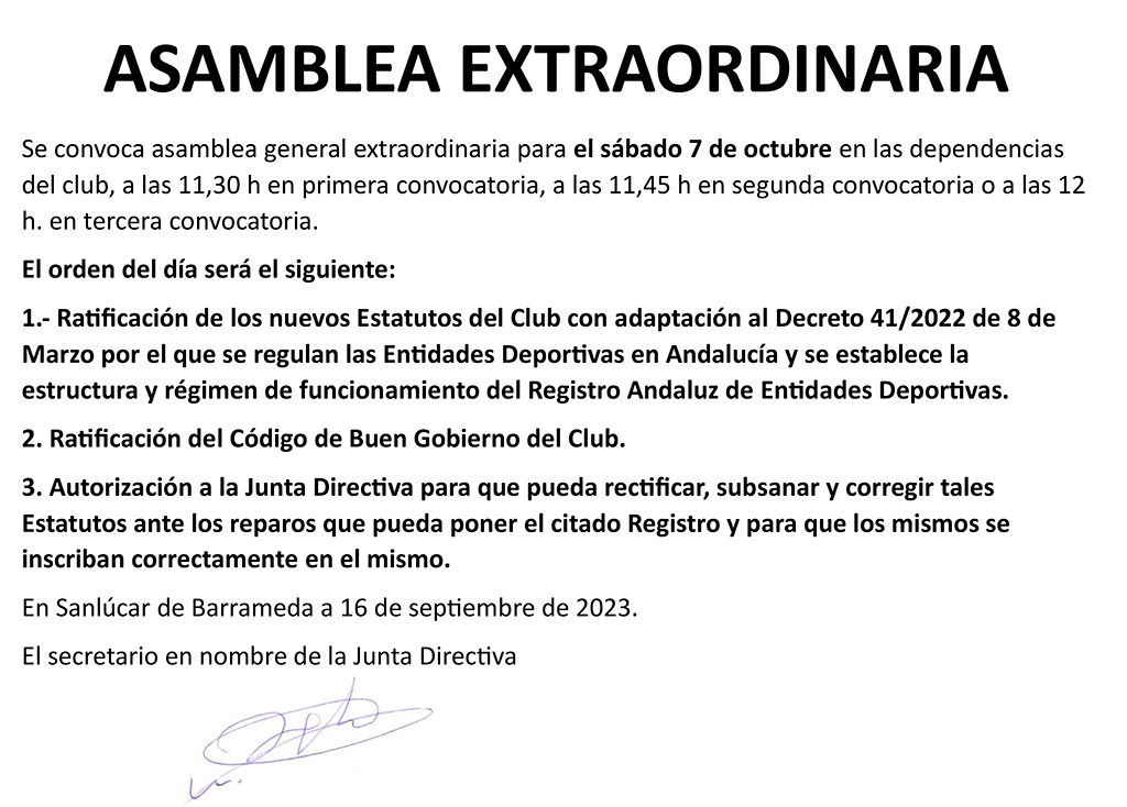 Convocatoria asamblea extraordinaria 7 de octubre